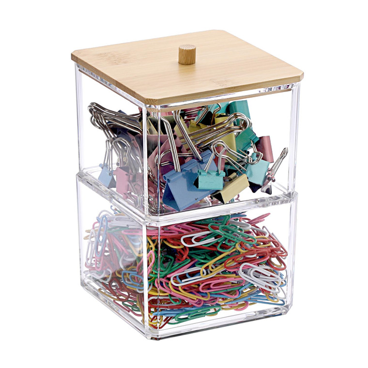 BTSKY Clear Stackable Paper Clip Holder with Bamboo Lid 2-Layer Paperclip Box Thick Acrylic Office Supply Accessory Organizer Square Small Storage Ho
