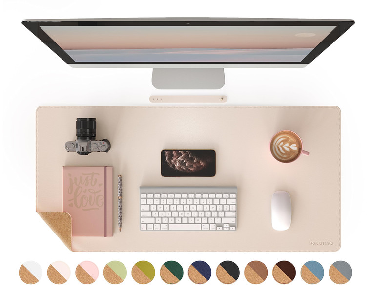 RENMTURE Dual-Sided Mouse Pad, Natural Cork & PU Leather Large Desk Pad for Office and Home Work, Desk Protector Non-Slip, Waterproof, Easy Clean (Ap