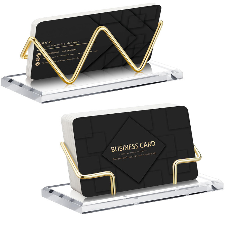 Amyhill 2 Pieces Acrylic Business Card Holder for Desk Clear Horizontal Business Card Display Stand Postcard Holder for Office Home Desktop (Gold)