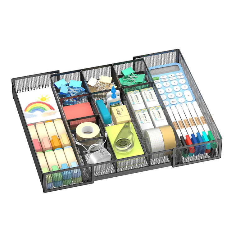 ReePlan Expandable Desk Drawer Organizer Tray with 10 Adjustable Compartments, Metal Mesh Office Drawer Organizer, Versatile Desk Organizer for Home,