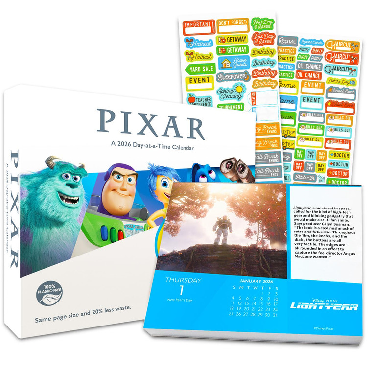 Disney Pixar 2026 Calendar, Box Edition Bundle - Deluxe 2026 Disney Animated Movies 365 Day to Day Box Calendar with Over 100 Calendar Stickers (Pixa