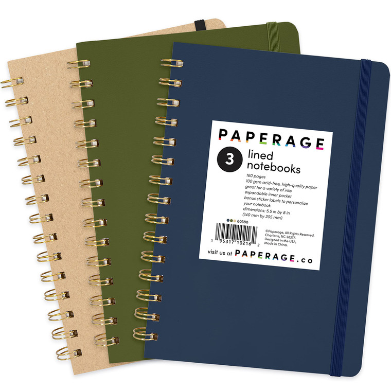 PAPERAGE Lined Spiral Journal Notebook, (Navy, Olive Green, Kraft), 3 Pack, 160 Pages, Medium 5.5 inches x 8 inches - 100 GSM Thick Paper, Hardcover,