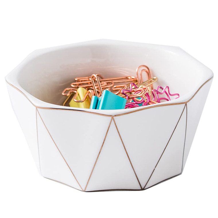YOSCO Paper Clip Holder With Gold Line Geometric Ceramic Paper Clip Dispenser for Desk Cute Paper Clip Organizer Office Binder Clip Holder (White)