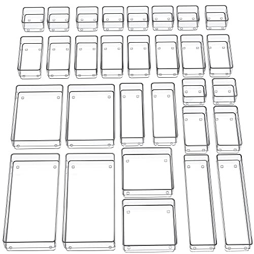 SMARTAKE 30-Piece Drawer Organizer with Non-Slip Silicone Pads, 7-Size Desk Drawer Organizer Trays Storage Tray for Makeup, Jewelries, Utensils in Be