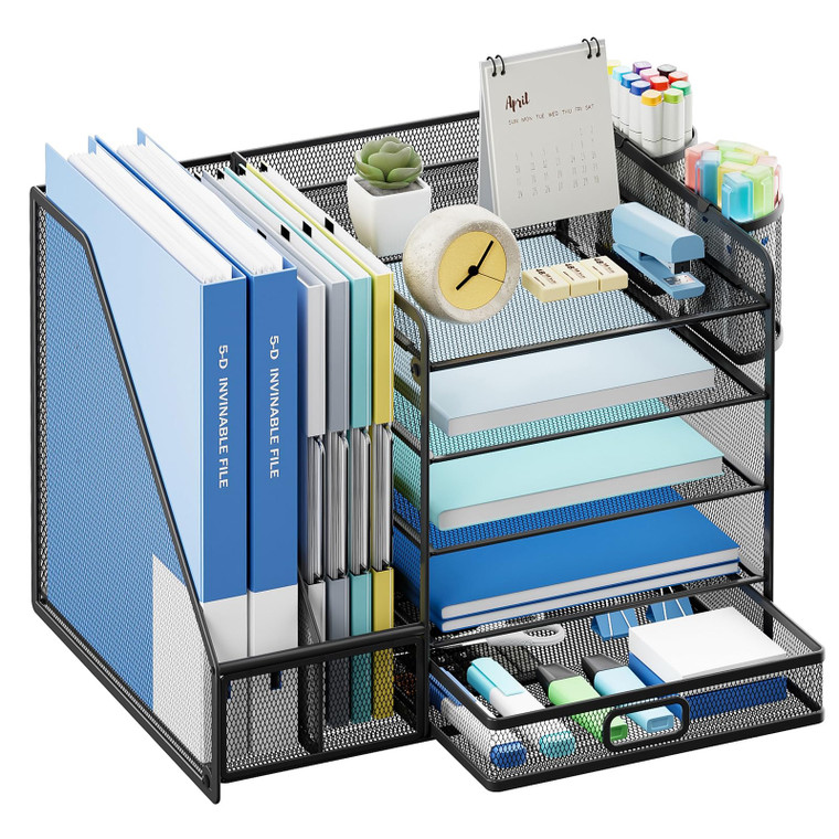 Lavatino Desk Organizer with File Holder, 5-Tier Paper Letter Tray Organizer with Sliding Drawer and 2 Pen Holder, Mesh Desktop File Organizer for Of