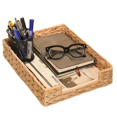 PINXIURY Water Hyacinth Letter Tray for A4 File Desk Mail Letter-Size Paper, Basket Woven Organizer, Magazine Files Storage, Office Document Organize