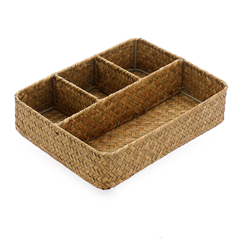 BTSKY Desk Drawer Organizer Tray, Coffee Station Organizer Tea Bag Organizer, Woven Seagrass Storage Basket with 4 Divided Sections Handwoven Wicker