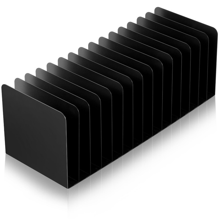 Suzile Metal Desktop File Organizer, 15 Compartments, Vertical File Sorter, Black, 5.79" W x 15.75" L x 5.41" H, Office, Reception Areas, Workspace