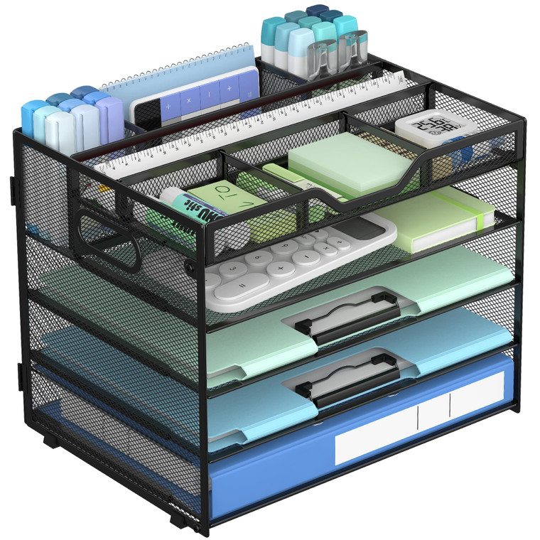 Docnest 5 Tier Mesh Desk Organizer- Letter Tray with Adjustable Compartments, Mesh Desktop Storage Built in Pen Holder and Handles, Desk Organizer Tr