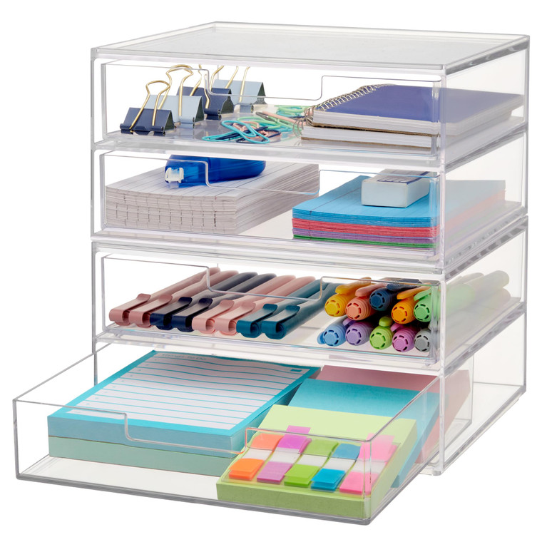 STORi Chloe Space-Saving Clear Drawer Organizer (4 Wide Drawers) Sort Office, Kitchen, Beauty Supplies, Makeup, Pens, Jewelry, Stationary, Made in US