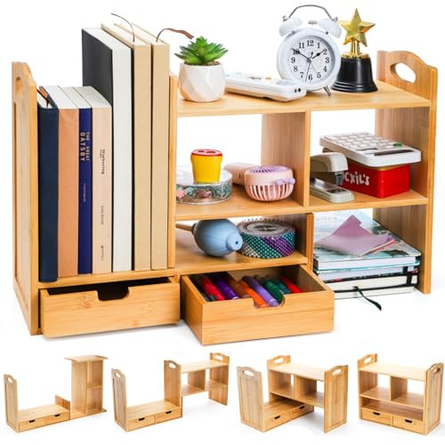 Eorbow Bamboo Desktop Bookshelf, Expandable Counter Bookcase, Storage Shelves Rack Organizer with Anti-Slip Pads, Cute Small Desk Display Cubby Top f