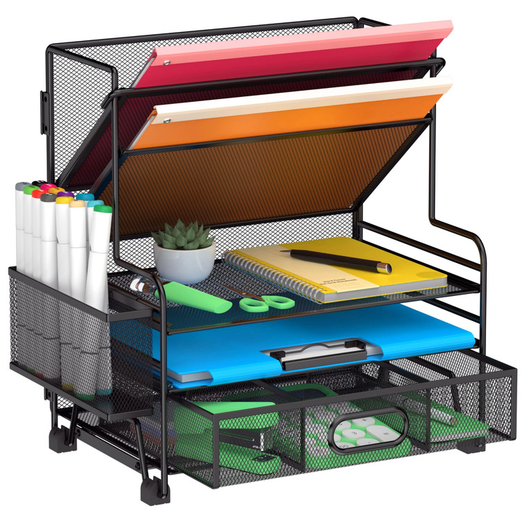 5 Tier Desk Organizer with Drawer & Pen Holders, Desk File Organizer Letter Tray Paper Organizer, Black