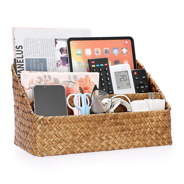 BTSKY Woven Storage Basket Natural Seagrass Vertical Wicker Storage Baskets with 4 Compartments Desk Organizers and Storage Magazine File Holder Home