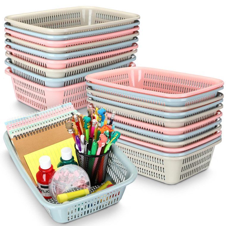Geelin 18 Pcs Storage Baskets Plastic Mesh Organizer Basket Classroom Bins Colored Storage Bins Colorful Storage Trays for Paper Desk Shelf Home Scho