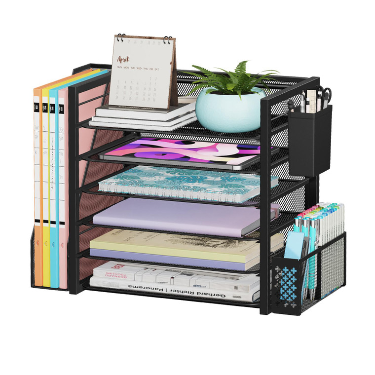 Simple Trending 6 Tier Desk File Organizer, Paper Letter Tray Organizer with File Holder and Pen Container, Black