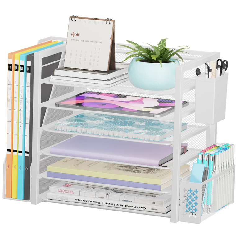 Simple Trending 6 Tier Desk File Organizer, Paper Letter Tray Organizer with File Holder and Pen Container, White