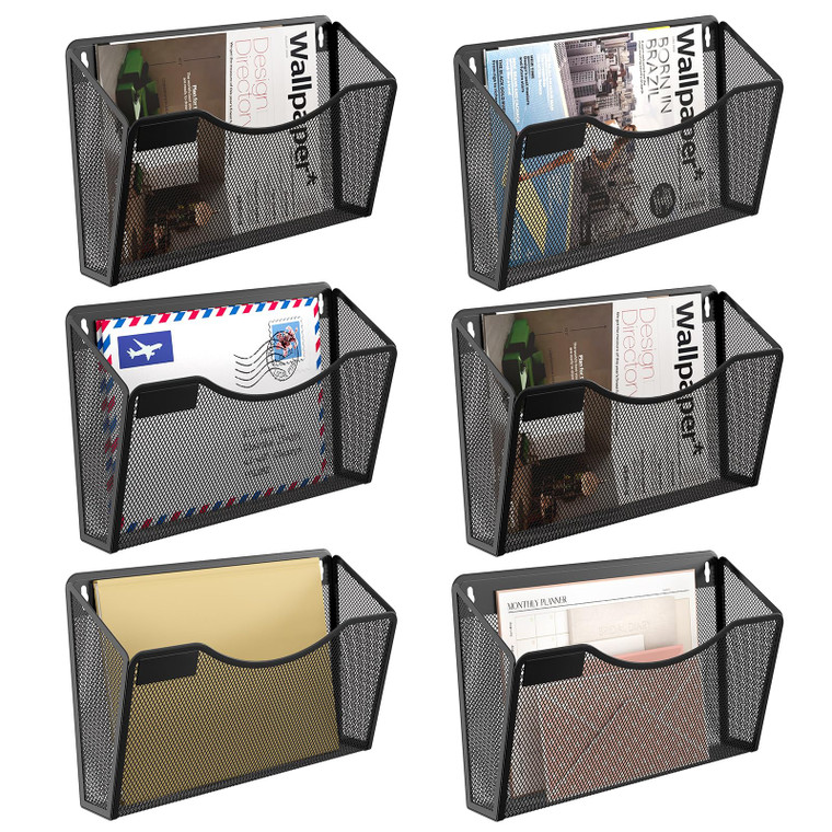 Solinxe 6 Pockets Wall File Organizer, Mesh Wall Mounted Mail Paper Document Organizer, Vertical Hanging Magazine File Holder, Metal Clipboard Storag