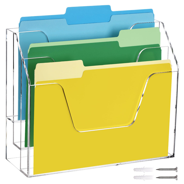 DINGHUO Acrylic Hanging Wall File Folder Organizer for Desk, Clear 3 Tier Document Paper Magazine Holder for Home, Office Organization, School - 1 Pa