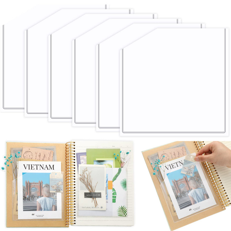 Tinlade 6 Pcs Adhesive Clear Corner Pockets 6 x 6 Inch Sticky Pocket Sleeves Self Adhesive Planner Pockets Adds Extra Storage Space to Notebooks Fold