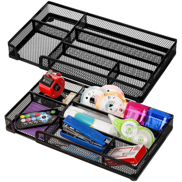 Noamus 2 Pack Desk Drawer Organizer, Metal Mesh Drawer Office Tray, 6 Compartments Pen Organizer Storage Box, Desktop Basket Accessories for Home Off