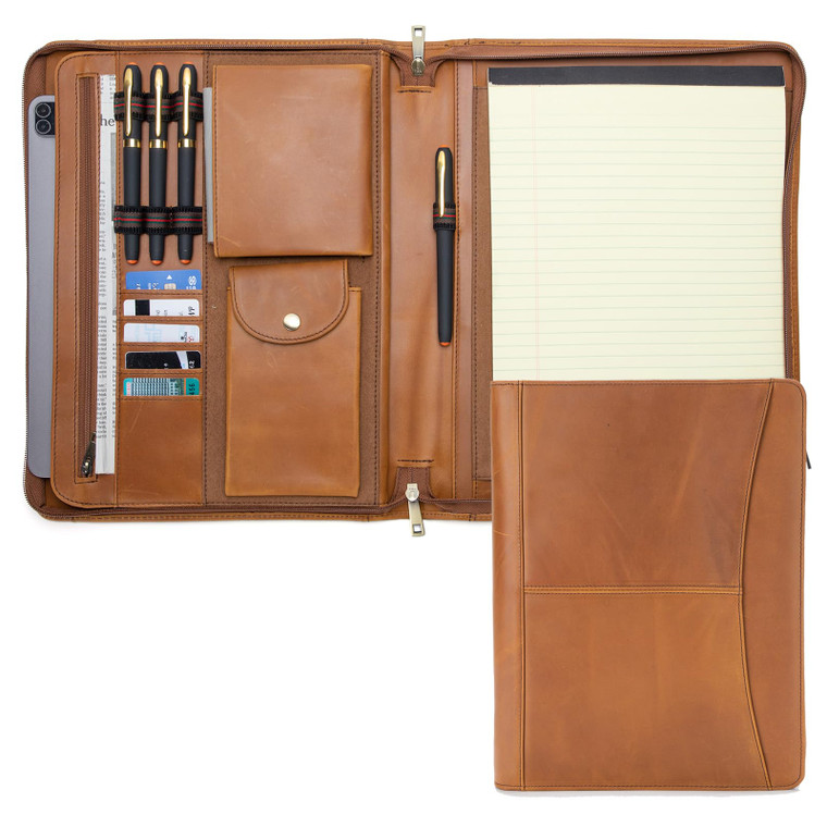 Geslun Genuine Leather Portfolio with Front Pocket for Men and Women, Zippered Padfolio Binder 8.5 x 11 Legal Pad Notebook Holder, Fits 13 Laptop, P