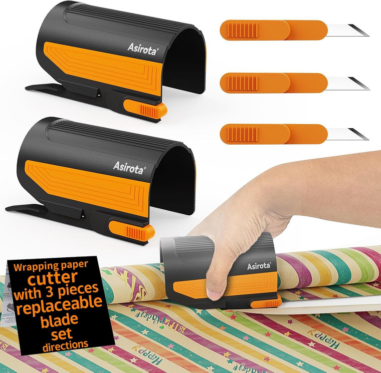 2 PC Wrapping Paper Cutter with 3 Replaced Blade, Adapt for Any Diameter Wrapping Paper Roll, Antislip Silicone Hold Touch Surface, Cut Efficient Str