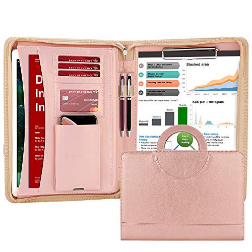 Darolin Zippered Leather Padfolio Portfolio with [Hidden Handle] and [Clipboard], Business Conference Portfolio Organizer Notepad Folder, Padfolio fo