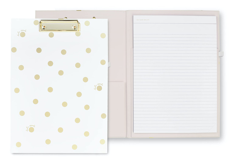 Kate Spade New York A4 Clipboard Folio with Low Profile Clip, Professional Padfolio Includes Lined Notepad, Pen Loop, and Pocket, Gold Dot with Scrip