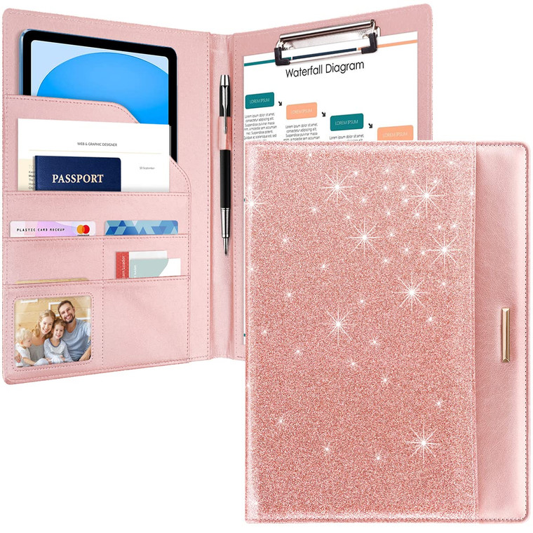 Glitter Pink Padfolio/Resume Portfolio Folder for Women Girls, WAVEYU Cute Chic Padfolio Cover Folder, Conference/Legal Document Organizer with Lette