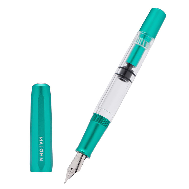 Majohn T1 Piston Fountain Pen Fine Nib, Green Aluminium Clear Acrylic Large Ink Capacity Writing Pen Box