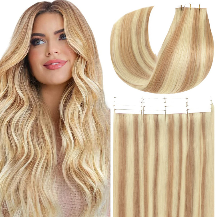 Anrosa Hair Extensions Tape In Natural Human 20Pcs 50g 16Inch Hair Highlight Mixed Color Two Tone Dirty Brown Mixed to Light Platinum Blonde Glue in