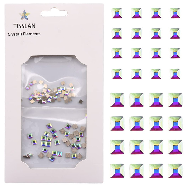 Tisslan 100pcs Square Crystal AB Flatback Rhinestones Mix 2 Sizes 3D Nail Art Jewels Decoration Stones Supplies