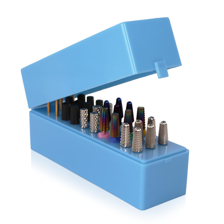 PANA Nail Drill Bit Holder Stand Display Organizer- Dust Proof Storage Container Box Case Tools for Home Use or Nail Salon - (30 Holes, Blue) (Drill