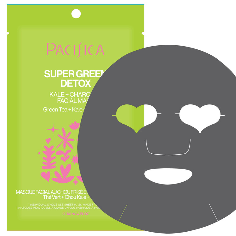 Pacifica Super Green Detox Sheet Mask  Charcoal, Kale & Clay Pore Cleansing Mask for Oily, Blemish-Prone Skin, Deep Detox Facial Mask, Vegan