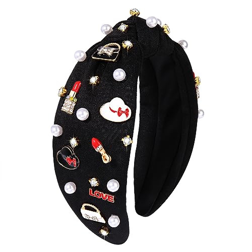 Knotted Headbands for Women Girls Funny Makeup Lipstick High Heels Handbag Hat Charm Pearl Crystal Jeweled Embellished Top Knot Hairband Statement Wi