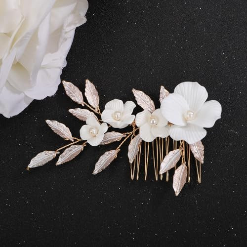 Teyglen Silver Flower Wedding Hair Comb White Flower Headpiece Bridal Hair Accessories for Bride Wedding Hair Comb Handmade Flower Leaf Hair Piece fo