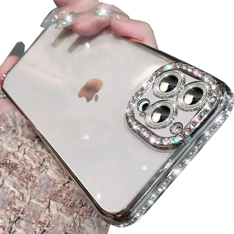Changjia Clear Glitter Case for iPhone 16 Pro,Luxury Bling Sparkly Diamond Rhinestone with Camera Protector Soft TPU Plating Bumper Slim Transparent