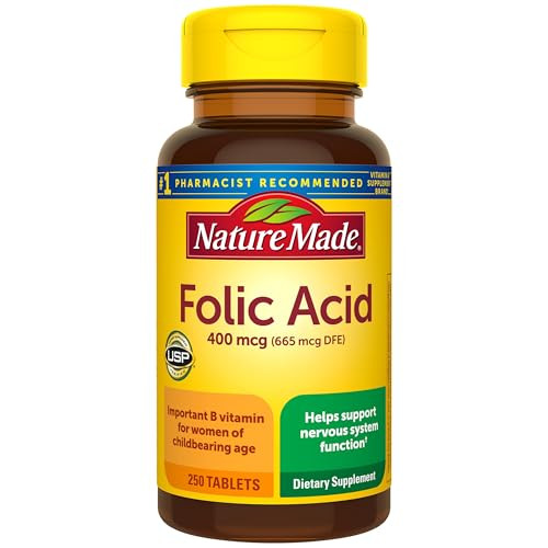 Nature Made Folic Acid 400 mcg (665 mcg DFE), Dietary Supplement for Nervous System Function, 250 Tablets, 250 Day Supply