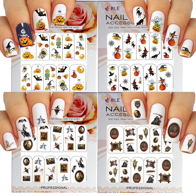 Halloween Nail Art Water Slide Tattoo Stickers Decals Fun and Scary - Pack of 4