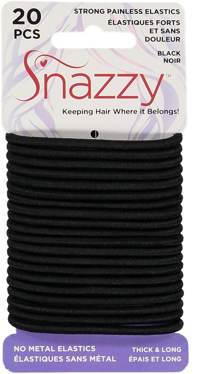 Snazzy Black Hair Bands 20pcs  Thick Soft No-Damage Hair Elastics, Pain-Free Hair Ties, Strong Reusable Hair Twists, 140mm x 4mm, 1 Pack (20 per Car