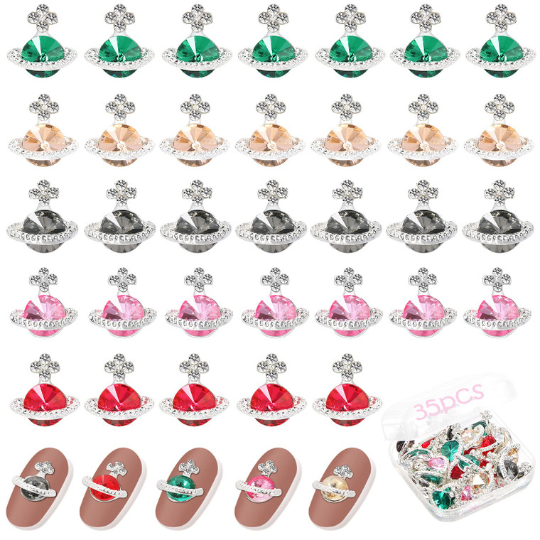 UHOMENY 35PCS Planet Nail Art Charms, 3D Nail Charms with Saturn Shape Planet Rhinestone Nail Charms DIY Nail Art Decorations Supplies Luxury Jewelry