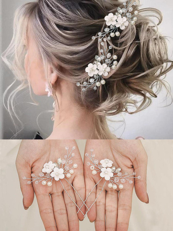 Heread Flower Bride Wedding Hair Pins Rhinestones Bridal Head Piece Pearl Hair Accessories for Women and Girls (Pack of 2)