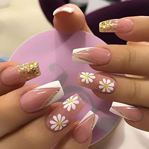 Daisy Press on Nails Medium Length Coffin Fake Nails french tip v-Shaped Design Stick on Nails Full Cover Acrylic Nails Gold Glitter Foil Glue on Nai