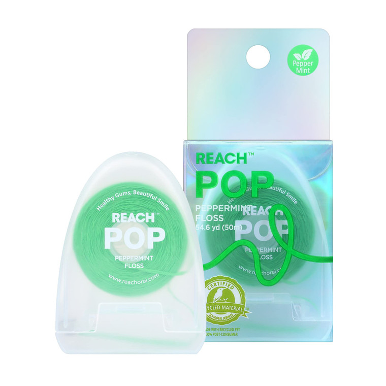 REACH POP Dental Floss, Peppermint, Plaque Remover for Teeth, Shred Resistant, Vegan Wax, Cruelty Free, Eco Friendly Packaging, Oral Care, PFAS Free,