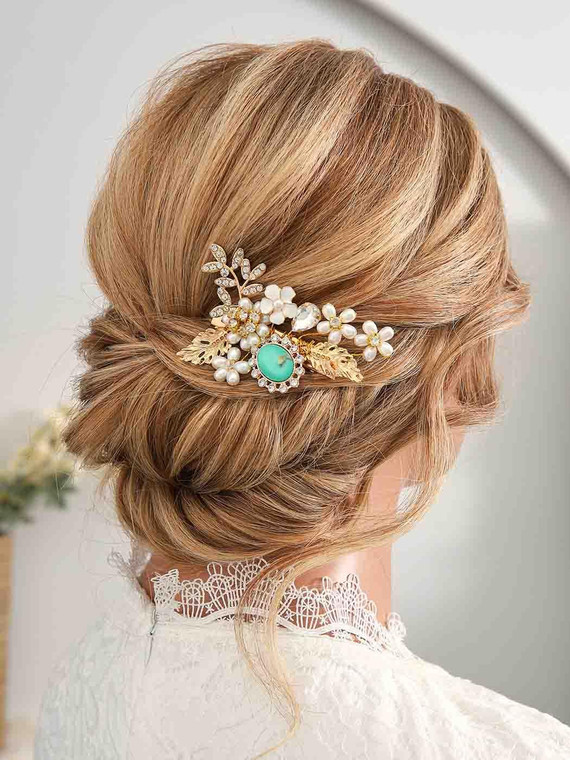 Casdre Crystal Hair Clip Gold Rhinestone Bridal Hair Piece Flower Hair Barrette Pearl Bride Wedding Hair Accessories for Women and Girls