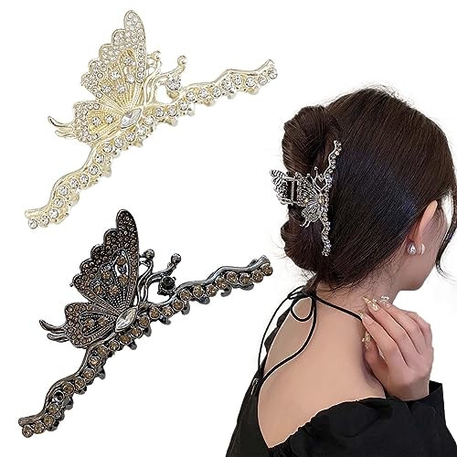 KuuGuu Butterfly Hair Claw Clips for Women,2 PCS Large Strong Metal Rhinestone Butterfly Claw Clips