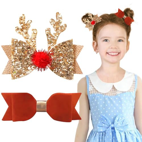 2PCS Christmas Hair Bow Clips for Girls Glitter Antler Hair Clips Non Slip Alligator Clips Xmas Christmas Hair Accessories for Girls, Red & Gold