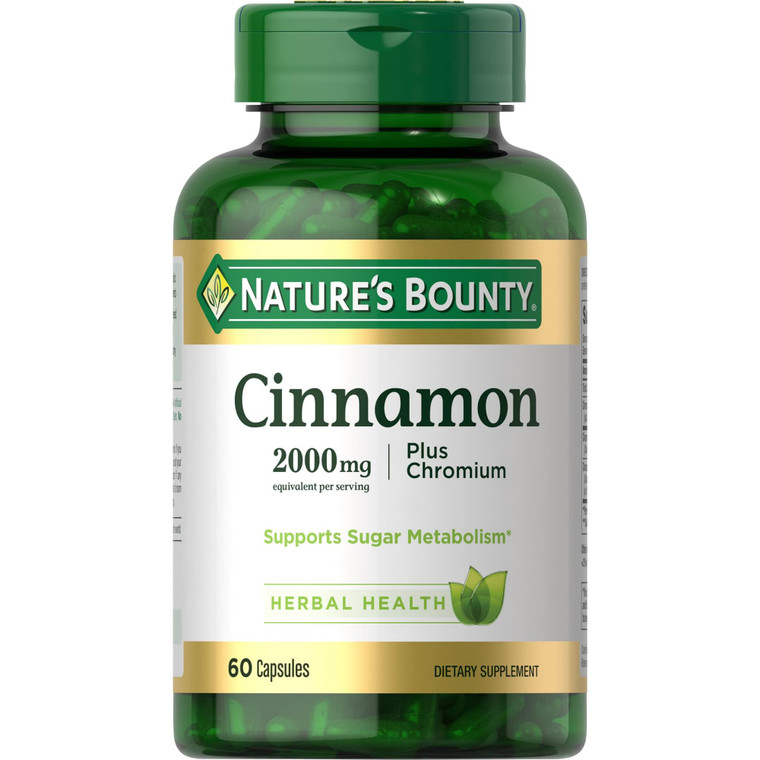 Nature's Bounty Cinnamon 2000mg Plus Chromium, Sugar Metabolism Support Supplement, 60 Capsules