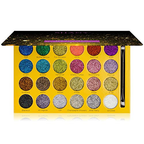 SHANY RSVParty Makeup Glitter Eyeshadow Palette - 24 Long-Lasting Pressed Glitter Pigments for Face and Body - Ultra Pigmented Glitter Makeup set wit
