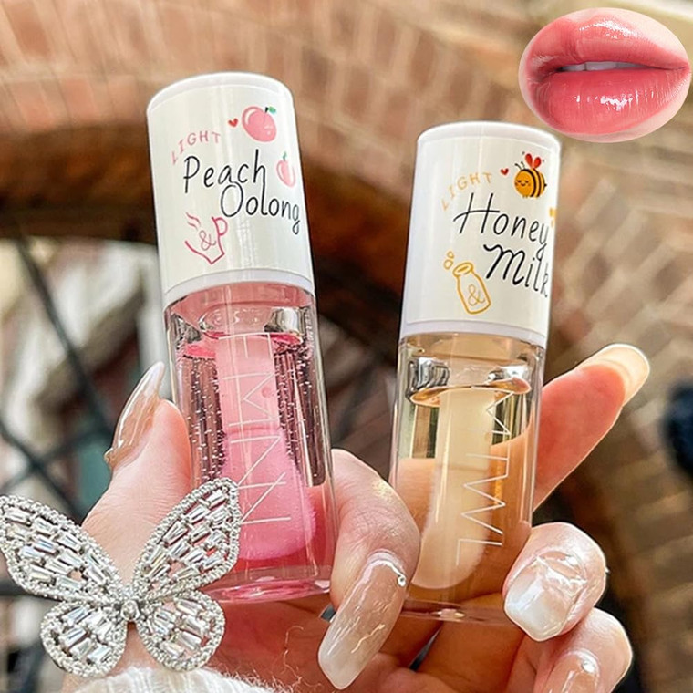 2 PCS Big Brush Head Crystal Jelly Moisturizing Lip Oil, Honey&Peach Vitamin E Lip Tint Lip Plumper Lip Care Serum, Long Lasting Nourishing Non-stick